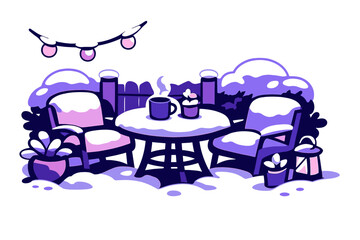Winter Patio Serenity. Quiet Backyard Patio. A small patio set covered in snow, fence barely visible behind.