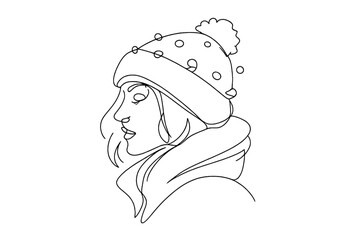 Golden Hour Snow Portrait. Snow portrait at golden hour. Minimalistic one-line drawing expressive portrait