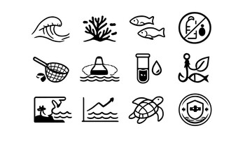 Ocean Conservation Icons. Ocean Protection. Line outline icon set of ocean protection: ocean wave, coral reef,