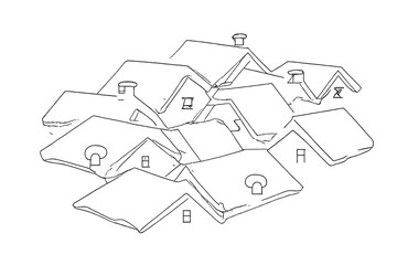 Snow-Covered Rooftops. Snow on rooftops aerial view. Minimalistic one-line drawing aerial perspective of