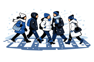 Snowy Street Crossing. People Crossing Snowy Streets. Pedestrians bundled in coats crossing a wide street as