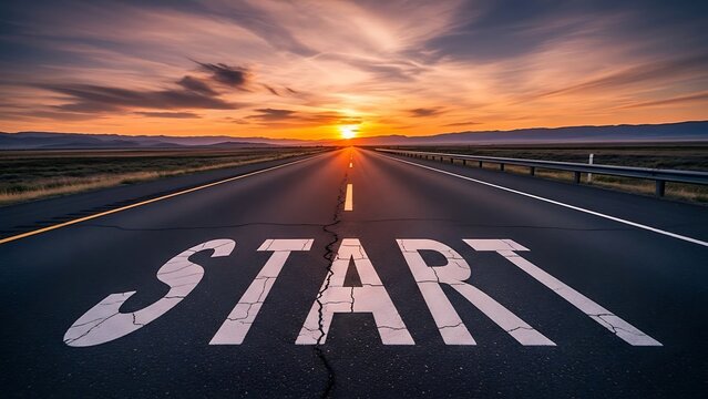Highway road marking start line at sunset with dramatic sky - Powered by Adobe