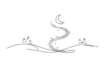 Winter Moon Spell. Silent winter moon spell scene. Minimalistic one-line drawing silent snowy landscape with