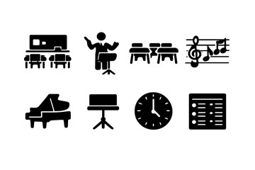 Music Classroom Icons. Music Classroom. Filled icon set of Music Classroom: music classroom interior, teacher
