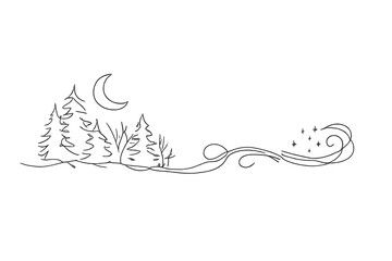 Moonlit Forest Silhouettes. Frozen forest moonlight spell scene. Minimalistic one-line drawing frozen forest