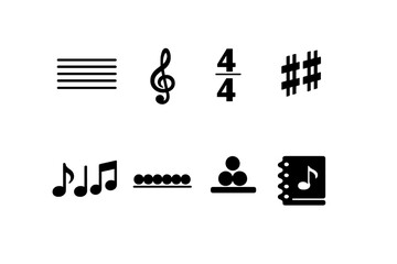 Music Theory Icons. Music Theory. Filled icon set of Music Theory: musical staff, treble clef, time signature,