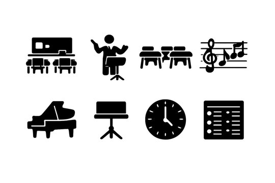 Music Classroom Icons. Music Classroom. Filled icon set of Music Classroom: music classroom interior, teacher