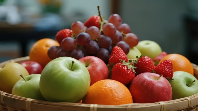 A woven basket filled with various fresh fruits, bright and plump in color, showing a fresh and attractive natural texture.