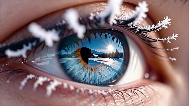 Close-up view of a human eye with icy eyelashes surrounded by snowflakes, capturing a winter landscape within the iris