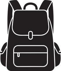 Black backpack icon with front pocket and zipper for travel needs
