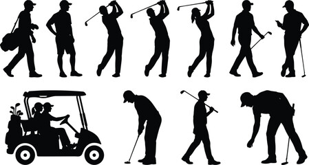 Golf player silhouettes showing swing putting walking golfers golf cart isolated on white background sport leisure training illustration collection © Shahariar's World