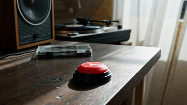 Close-up of a red button on a wooden table beside a speaker and a retro audio cassette player with sunlight streaming through sheer curtains