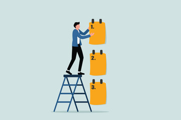 Set work priorities, make a list of tasks to be done before and after, the concept of task management, entrepreneurs manage priorities using sticky notes with the numbers first, second, and third.