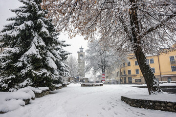 Bansko city center before Baba Marta Day. Holy Trinity Church on Pirin street.