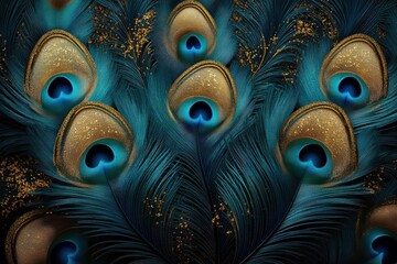 A vibrant, detailed close-up of peacock feathers displaying iridescent patterns in shades of blue and gold.