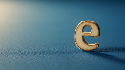 Wooden lowercase letter e on a blue textured paper background - Generated AI