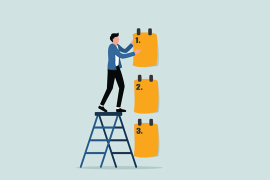 Set work priorities, make a list of tasks to be done before and after, the concept of task management, entrepreneurs manage priorities using sticky notes with the numbers first, second, and third.