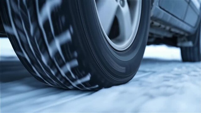 Close-up of a vehicle tire gripping a snow-covered surface, showcasing tread patterns and snow flakes in a cold winter setting