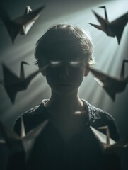 Backlit child portrait with glowing eyes and paper cranes.  AI-generated.