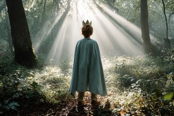 Boy wearing cape and crown standing in forest sun rays.  AI-generated.
