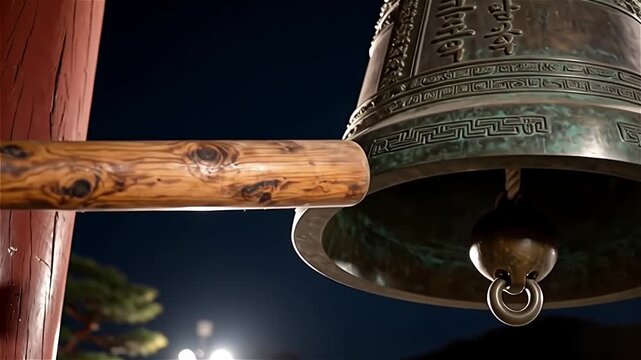 Close-up of a wooden mallet striking a brass bell at night, creating a soft glow with scattered dust particles in the air