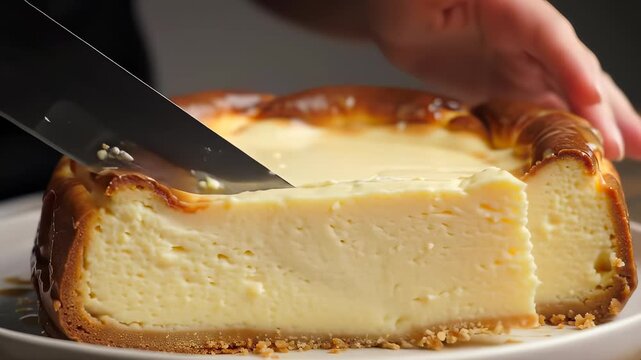 Cutting a slice of rich cheesecake close-up, capturing its decadent texture and perfect golden crust