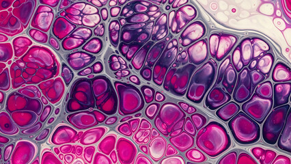 Vibrant Magenta and Purple Fluid Acrylic Pour with Intricate Cells