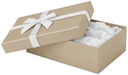 Open linen texture gift box with white ribbon and tissue paper stuffing