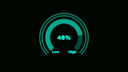 Teal blue circular progress gauge displaying forty eight percent with low and text on a dark background representing digital interface and performance measurement