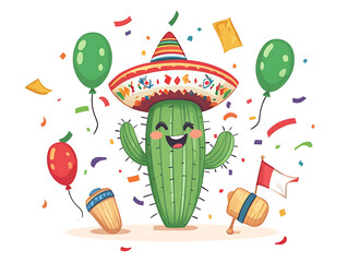 Happy mexican cactus mascot wearing colorful sombrero with open arms and confetti balloons background for cultural promotion sticker design or children book illustration.