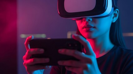Young woman using virtual reality headset and holding smartphone controllers