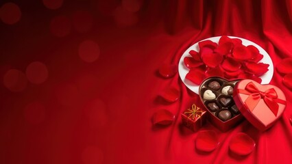 Romantic valentine's day background with heart-shaped chocolates and rose petals
