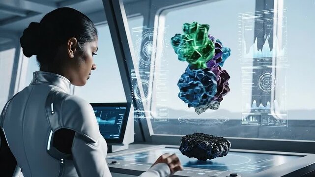 Scientist in Futuristic Lab Interacting with Holographic Protein Molecules Display