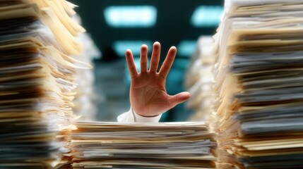 A hand emerges from a sea of paperwork, symbolizing the overwhelming nature of tasks and responsibilities in an office environment.