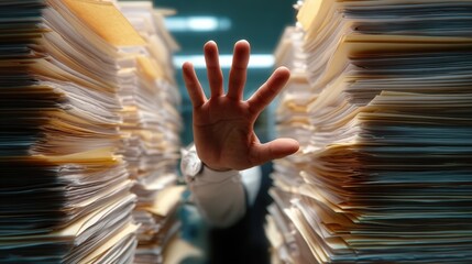 A hand is raised amid a chaotic stack of files, symbolizing stress and overwhelm in a cluttered office environment.