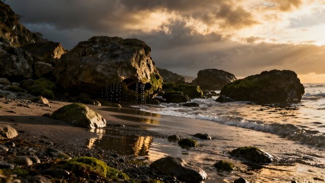 Rocky beach illuminated by warm golden hour sunlight near the ocean. - Powered by Adobe