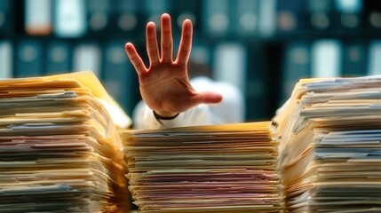 A hand reaches out over a chaotic stack of papers, symbolizing stress or a request for pause in a cluttered office environment.