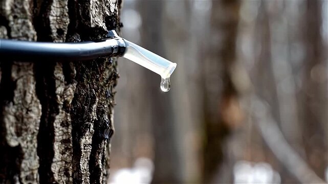 Close-up view of a tree tap dripping sap in a winter forest, highlighting the natural extraction process