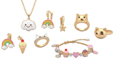 Cute gold jewelry collection with rainbow cloud unicorn cupcake and cat motifs