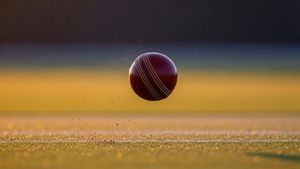 Close-up of cricket ball in mid-air during delivery on field,Cricket ball flying through the air above pitch with motion blur,Close-up view of cricket ball in air,Action shot of cricket ball bouncing