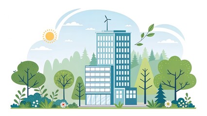 Sustainable office building with wind turbine and trees