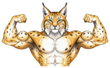 Muscular bobcat flexing muscles illustration isolated on transparent background