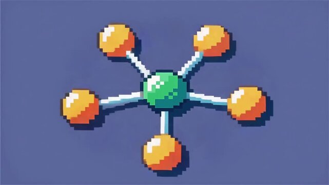 Colorful pixel art representation of a molecule with orange and green atoms on a blue background, emphasizing geometric shapes and vibrant colors