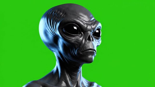 Mysterious Grey Alien Head with Large Black Eyes and a Stern Expression Isolated on Green Screen Background