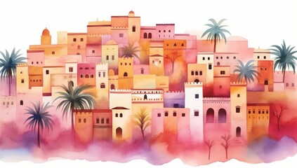 A vibrant watercolor depiction of a colorful village with palm trees, showcasing a blend of architectural styles and warm hues.