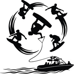 Wakeboarding silhouette circle trick sequence, extreme water sport action, dynamic motion, boat tow stunts, adrenaline energy, black white illustration concept © Shahariar's World