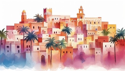 A vibrant watercolor illustration of a colorful town with palm trees, showcasing a blend of architectural styles in a warm, inviting atmosphere.
