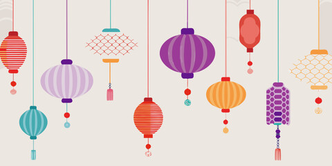 Colorful hanging lanterns create a festive and decorative atmosphere
