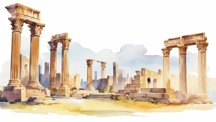 A watercolor depiction of ancient ruins featuring tall columns and stone structures, evoking a sense of history and antiquity.