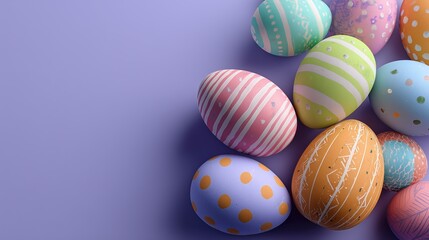 Assorted decorated Easter eggs on a pastel purple background